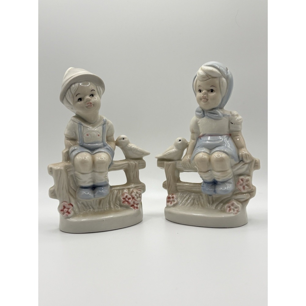 Vintage 1950's Mid-Century Ceramic Boy & Girl on Fence Figurines - Pair - KW1115